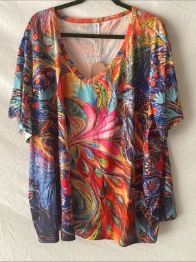 Lucky Brand Multicolor V-Neck Tunic Top with Floral Swirl Print